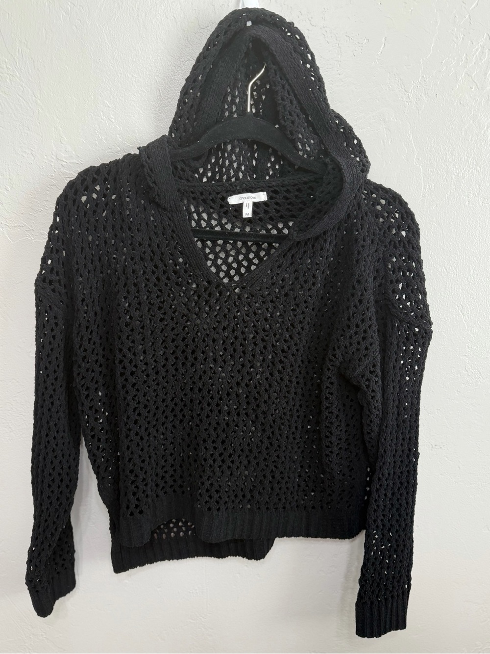 Maurices Black Open Knit Crochet Hooded Sweater Size Medium